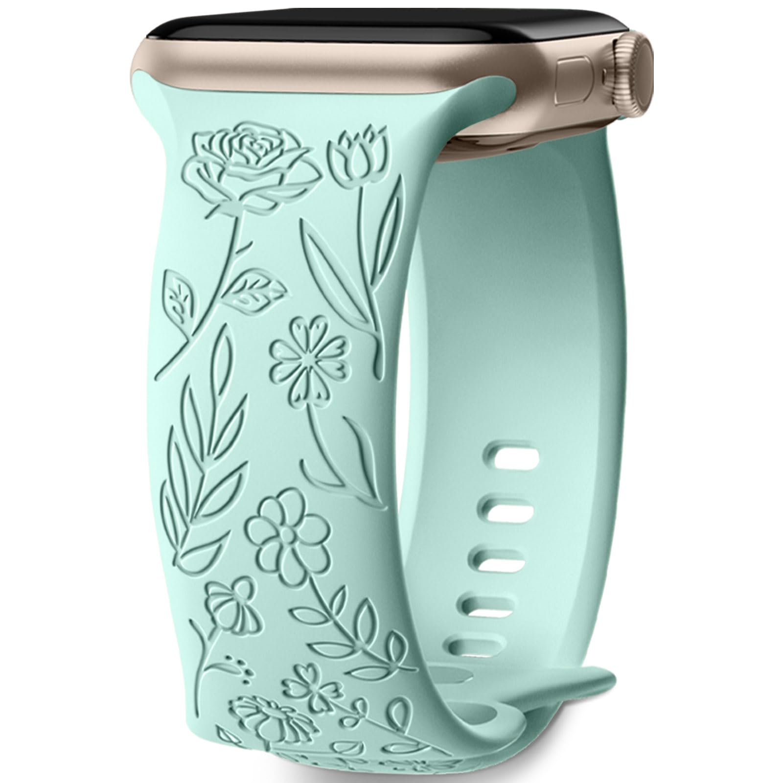 Mastten Floral Engraved Strap Compatible with Apple Watch Straps 44mm 45mm 46mm 49mm, Soft Silicone Elegant Rose Floral Band for iWatch SE 3 2 1 Series 11 10 9 8 7 6 5 4 3 2 1/Ultra, Light Green