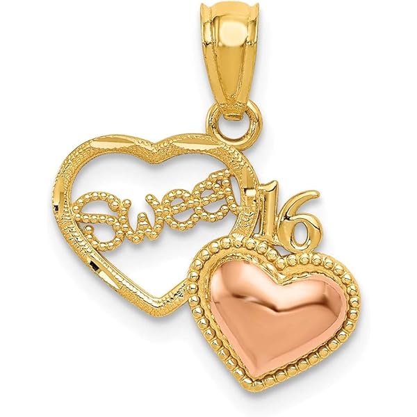 14K Tri-Color Gold Quinceañera Heart Pendant - 15 Years Charm, 20mm