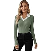 winkbay Women's Long Sleeve Fitted Tops Fall Collared V Neck Ribbed Knit Elegant Work Office T Shirts