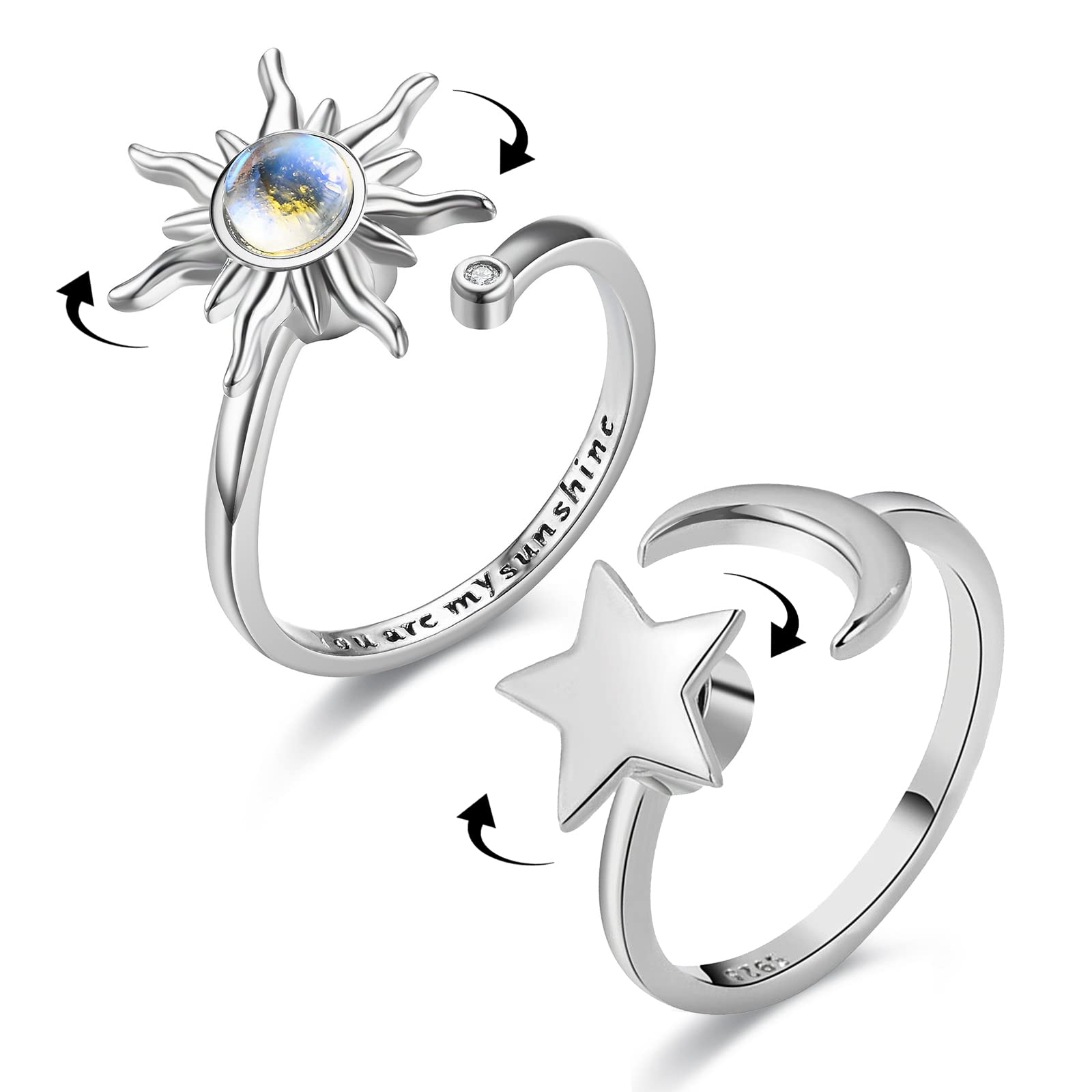 Cosysparks Anxiety Ring for Women, 2Pcs Adjustable Open Spinner Rings for Anxiety Women Silver Fidget Rings Moon Star Ring Anxiety Relief Ring with Gift Box