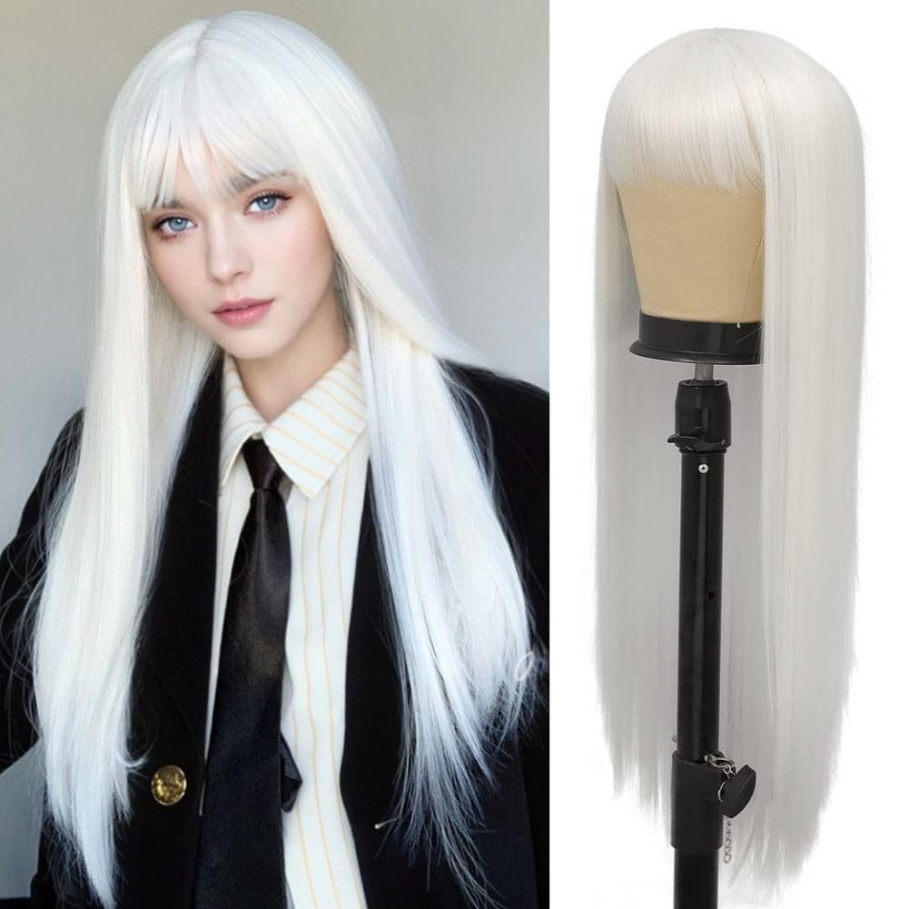 Siudus Womens White Straight Long Wigs with Bangs Cosplay Synthetic Fibre Hair Wig for Party Halloween Use — image 1