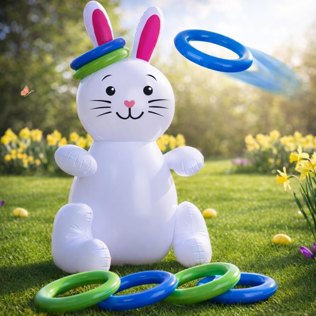 Photo 1 of 30" Easter Bunny Inflatable Ring Toss Game - Easter Games for Kids with 6 Rings - Weighted Bottom to Keep Inflatable Rabbit Upright - Family Outdoor Easter Party Games for Kids and Adults