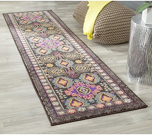 1pc 2'2 x 6ft Vibrant Colorful Bohemian Hallway Rug, Brown Pink Purple Teal Bordered Hippie Themed Long Carpet, Indoor Polyproplene, Jeweled Colors Rainbow Themed Morrocan Colored