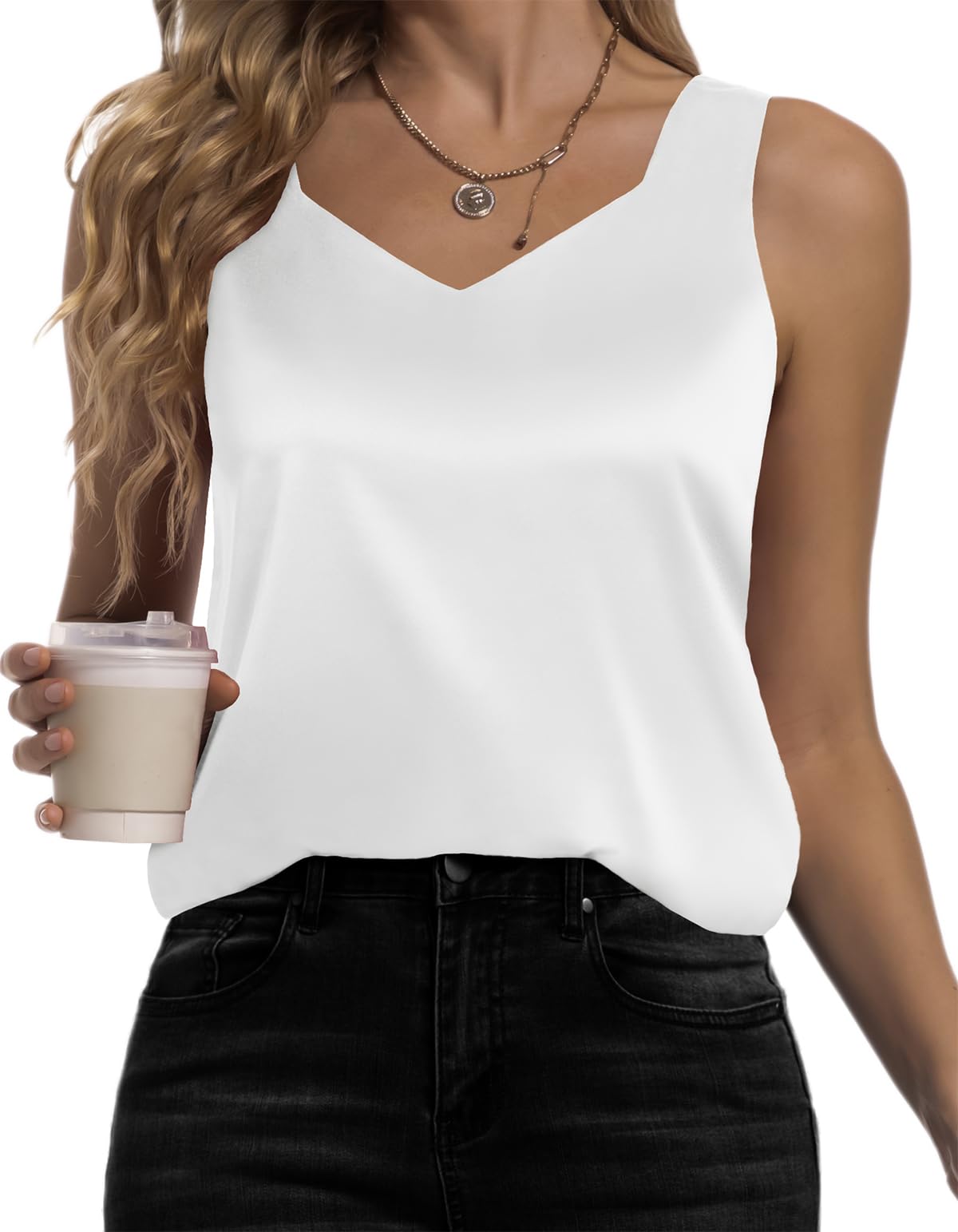 Photo 1 of Karcermee Women's Silk Satin Tank Tops V Neck Camisole Casual Cami Sleeveless Shirt Blouses Silky Basic Tanks (White, S)