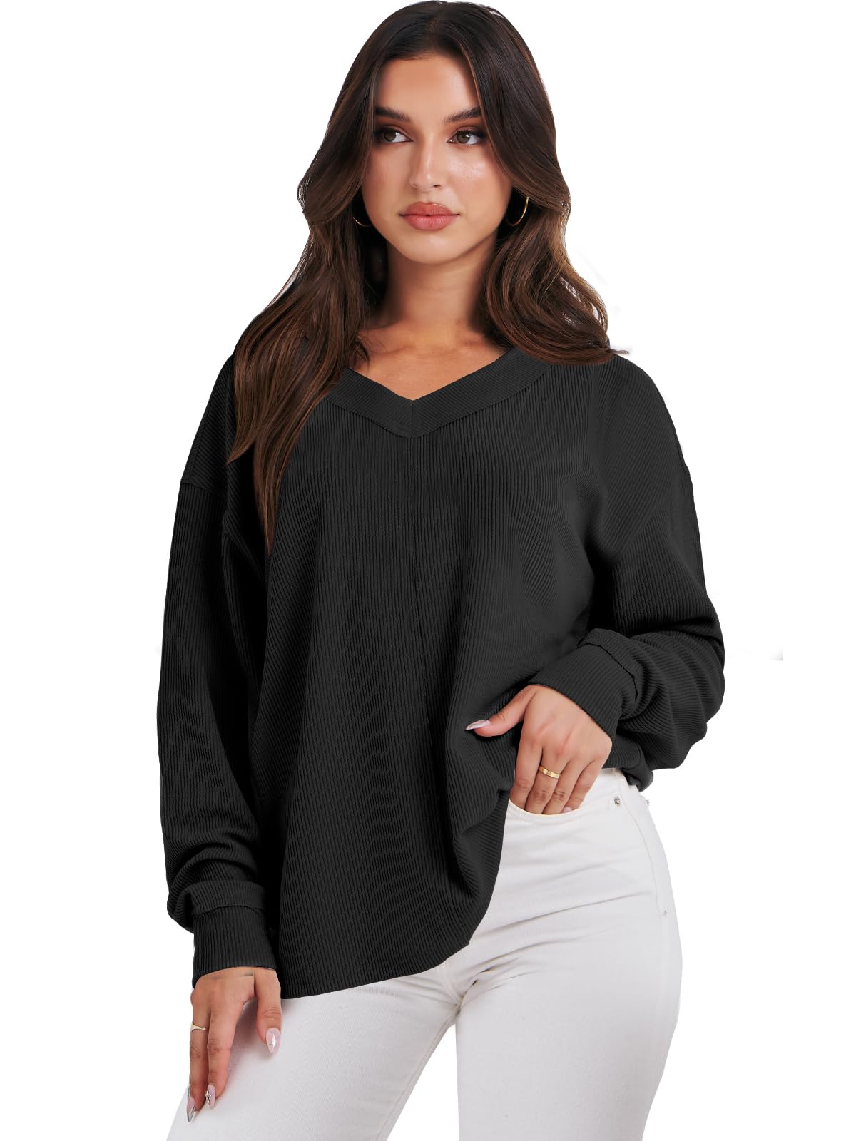 ANRABESS Oversized Long Sleeve Shirts for Women Off the Shoulder Sweatshirt Loose V Neck Tunic Tops High Low Sweater 2024