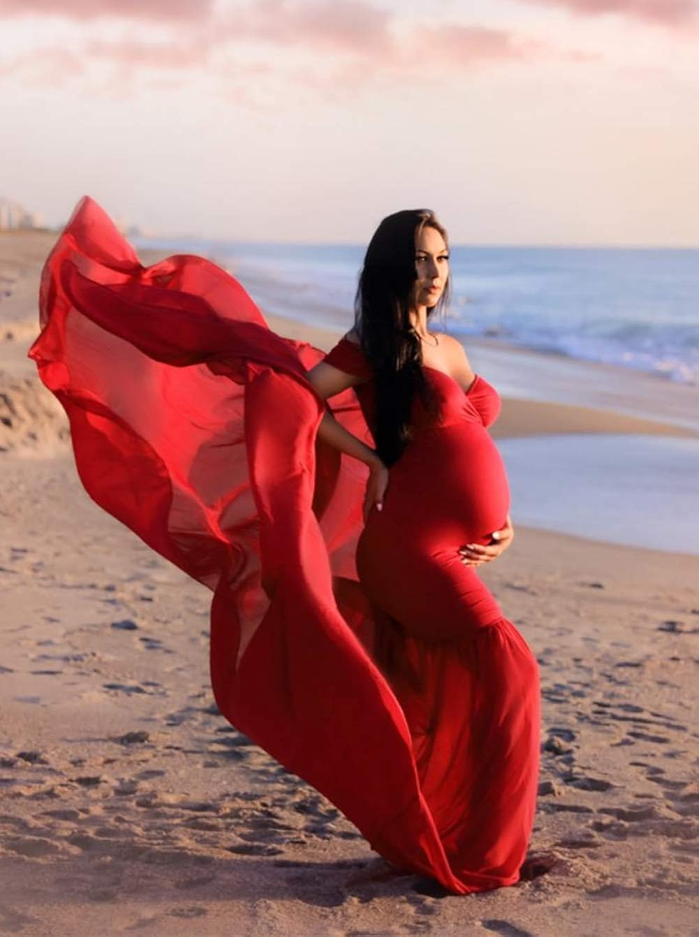 ZIUMUDY Maternity Off Shoulder Mermaid Chiffon Gown Maxi Photography Dress Baby Shower Photo Props Dress (Burgundy) at  Women’s Clothing store