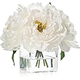 Artificial Peonies Flowers Arrangement in Cube Glass Vase, WELLKNOWN Ivory White Silk Flowers Centerpiece for Home Party Wedding Dining Coffee Table Decor, Faux Peony Flower Bouquet with Fake Water