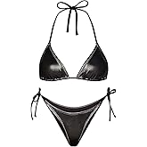 Ella Lust Metallic Bikini for Women - Silver Bathing Suit High Waisted Tie Side Thong Bottom Triangle Top Shiny Swimsuit