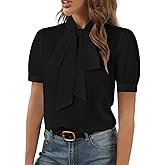 Rooscier Women's Bow Tie Neck Short Sleeve Elegant Office Workwear Blouse Shirt Tops