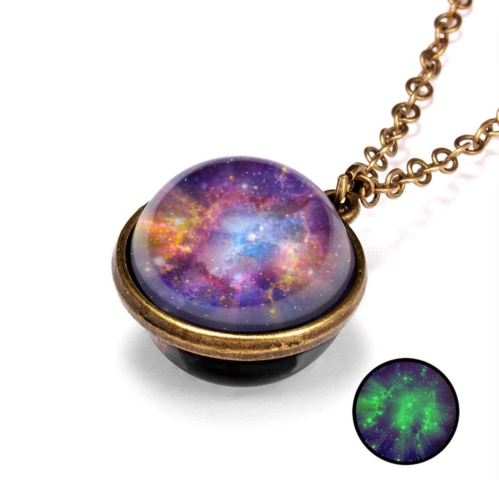 Ucoolcc Alloy Glass Pendant Necklace, Unique Universe Galaxy Planets Lampwork Glass Pendant Jewelry for Women Mens Double Sided Glass Dome Planet Necklace Glow In The Dark Birthday Art