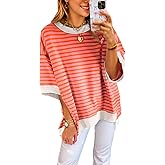 XINWEIZZ Oversized T Shirts for Women Casual Short Sleeve Striped Knit Shirt Crewneck Sweatshirts High Low Loose Blouse Tops