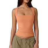 QINSEN Women's Square Neck Sleeveless Double-Layer Tank Tops Basic Tight T Shirts