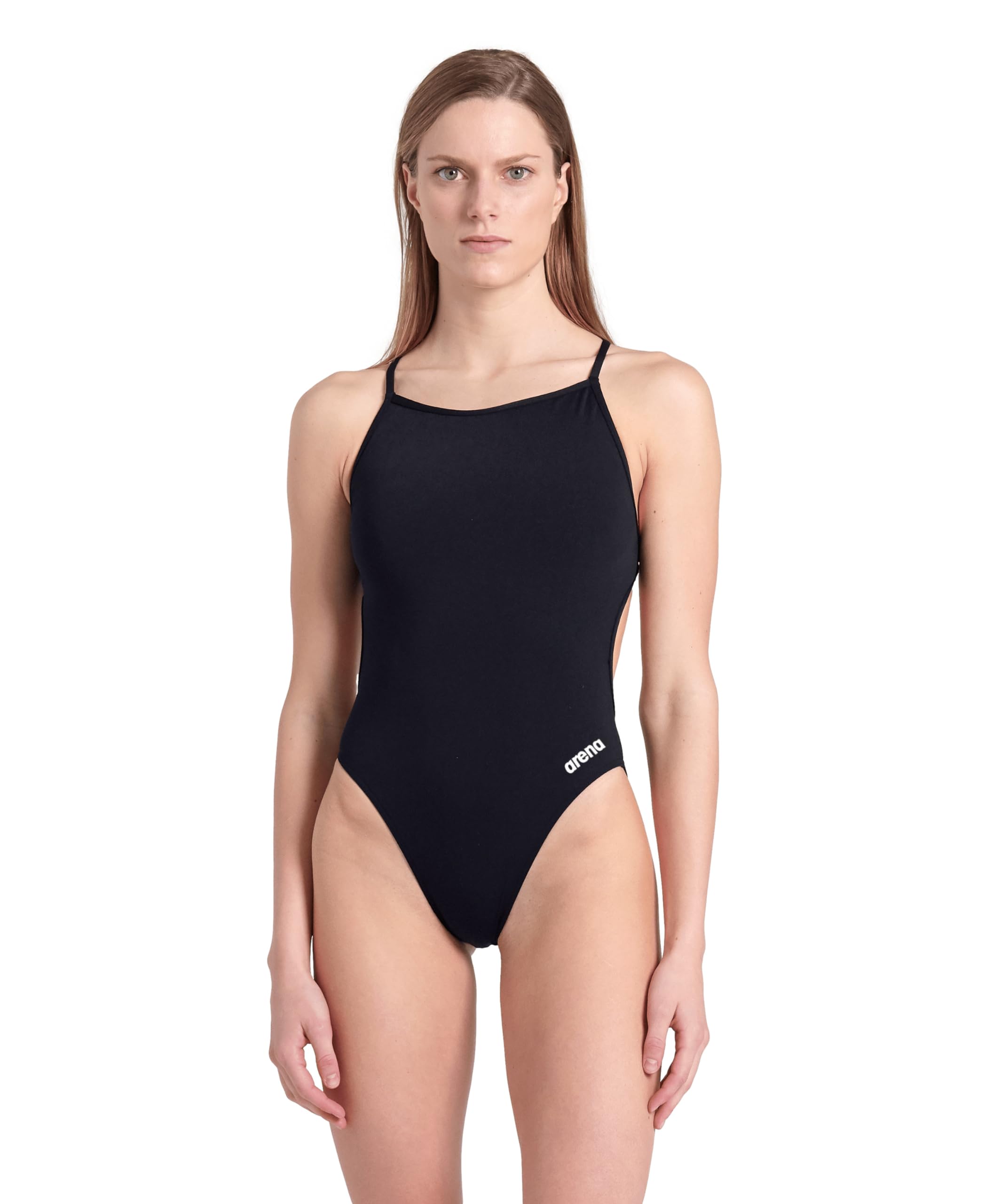 ARENA Women’s Standard Performance Team Solid Lace Back Swimsuit One Piece Bathing Suit, New Black/White