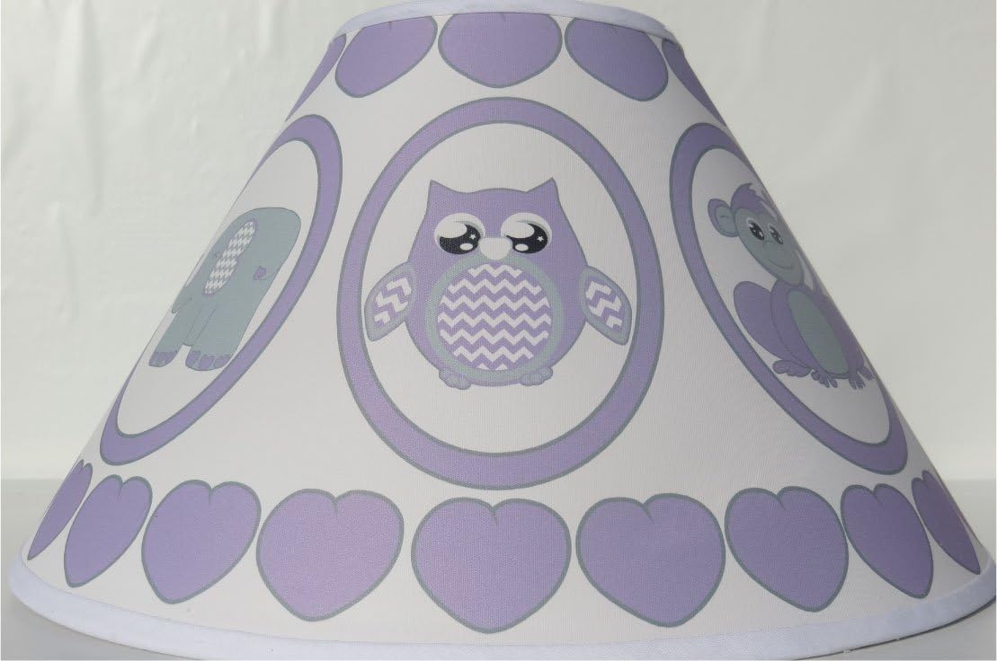 Purple Baby Safari Lamp Shade with Elephants, Owl, Zebra, Giraffe, Hippo, Lion and Monkey Nursery Decor