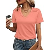 FUNBANG Womens Tops V Neck T Shirt Shoulder Pleated Blouse Business Clothes Fashion Outfits Spring Summer Essentials 2026