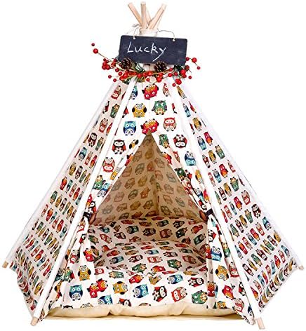 Pet Tent Wood Canvas Dog Cat House With Soft Washable Mattress Kennel Kitten For Small Medium Pet 2 Size 8 Color , owl pattern , l