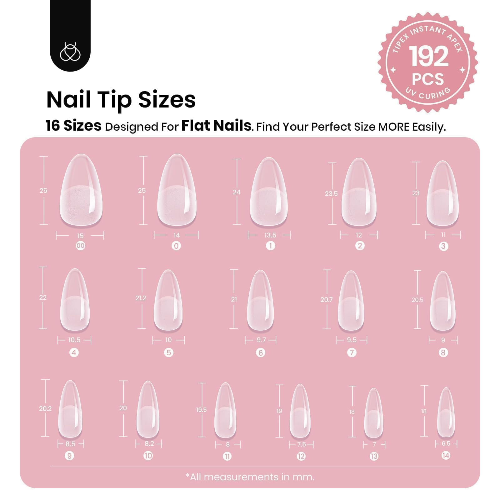 Beetles Tipex Instant Apex Nail Tips Almond Medium, Pre-Etched Pre-Building Strong Thick Acrylic,16 Sizes,192 Pieces - Image 6