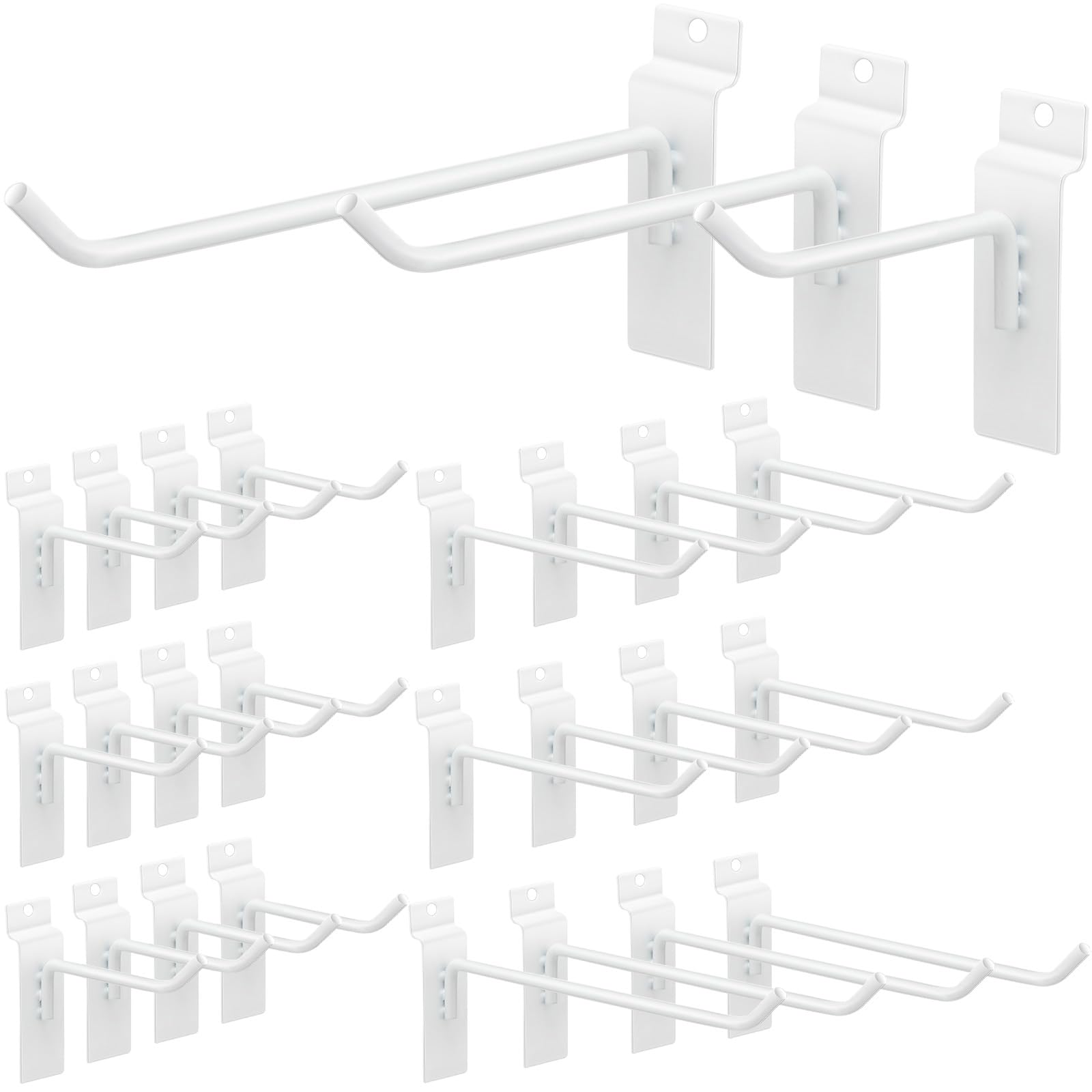 Photo 1 of Slatwall Hooks 24 Pcs 4/6/8 Inch Slatwall Accessories Slat Wall Shelf Brackets Slat Wall Hanging Hook and Hanger Slatwall Panel Hook Slat Wall Hook Heavy Duty Pegboard Gridwall Display Hook (White)
