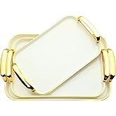 Zufudo 3 Pack Serving Tray with Handles, Stackable Reusable Trays for Serving Food, Plastic Serving Platters for Party, Charcuterie, Fruit, Appetizer, Cream Gold