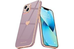 Teageo Compatible with iPhone 13 Case for Girl Women Cute Love-Heart Luxury Bling Plating Soft Back Cover Raised Camera Protection Bumper Silicone Shockproof Phone Case for iPhone 13, Lavender
