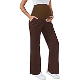 Ecavus Women's Wide Leg Maternity Pants with Pockets - Stretchy Over The Belly Pregnancy Casual and Work Trousers