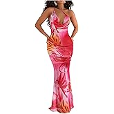 SOLY HUX Women's Floral Tie Dye Maxi Dress One Shoulder Draped Cowl Neck Sleeveless Fishtail Bodycon Long Dresses