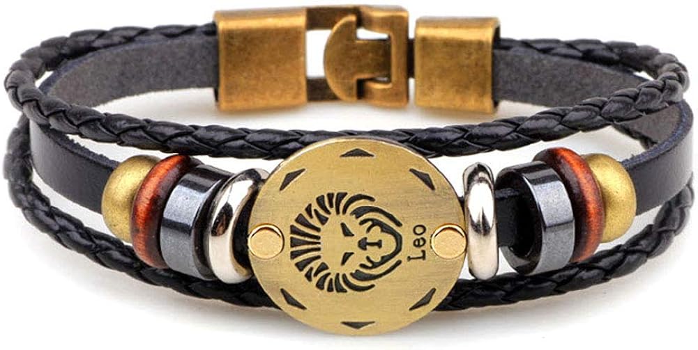 LoEnMe Jewelry Braided Bead Black Leather Wrap Leo Zodiac Constellation Bracelet: Jewelry