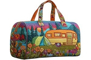 Camping Bus Quilted Duffle Bag Vintage Travel Tote Handbag Women Men Outdoor Weekender Bags, R409153A01, 18*9*9 inch, Vintage