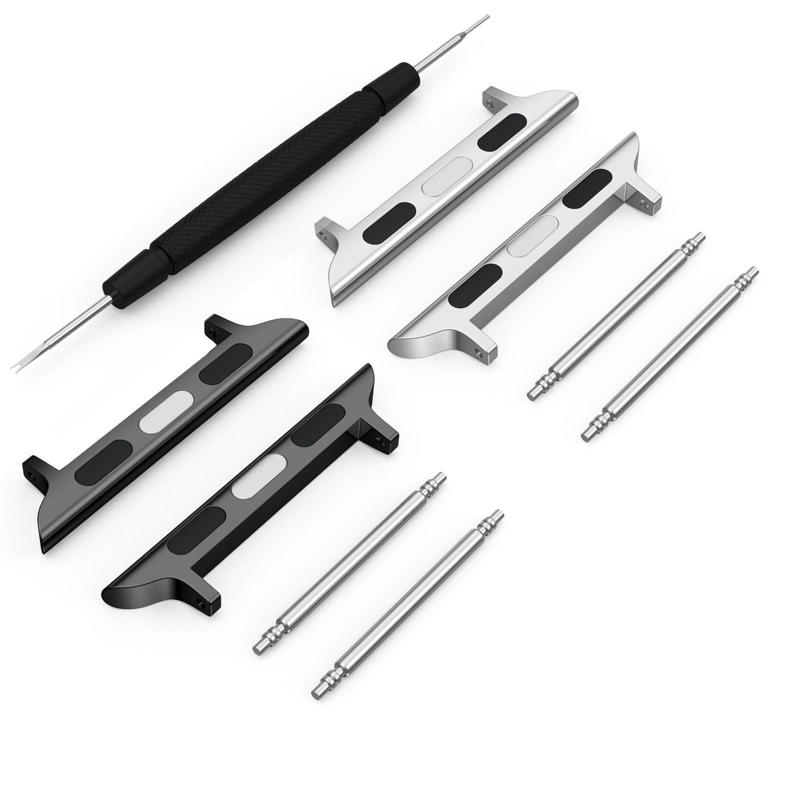 2 PACK Apple Watch Adapter Connector Spring Bar for Apple Watch, Stainless Steel Connector Replaceable Metal Connection Adapter with Replacement Tool for Apple Watch Strap (42mm/44mm/45mm/49mm+22mm Spring Bar, Black+Silver)