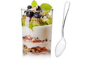 Okllen 100 Pack 3 Oz Round Dessert Cups with Spoons, Clear Plastic Parfait Appetizer Cups Dessert Shooter Cups, Mini Bowl Dis