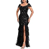 dasmzper Women’s Sequin Evening Gown – Elegant Off Shoulder Formal Party Dress with Ruffle Tulle Hem