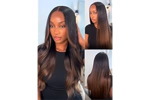 UNICE Chestnut Brown Ombre Yaki Straight 7x5 Pre Cut HD Lace Front Wigs Human Hair with Drawstring Bye Bye Knots Glueless Wig Pre Plucked Bleached Knots Natural Hairline 150% Density 18 inch