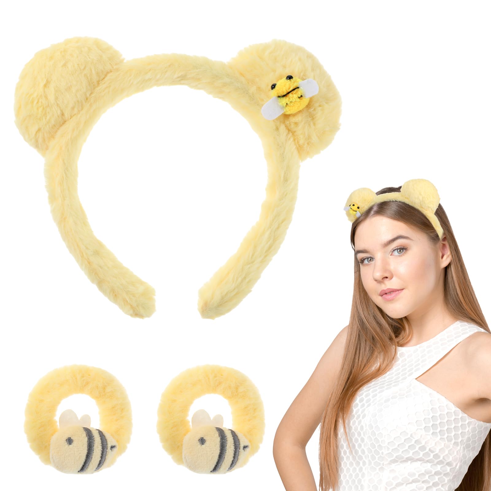 Abeillo Yellow Plush Bear Ears Headband with Hair Ties and Ponytail Holders, Soft Towels Washbands Elastic Plush Bear Spa Hairband, Cute Costume Accessories for Women