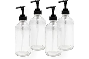 Cornucopia Brands 8oz Clear Glass Pump Bottles (4-Pack w/Black Plastic Pumps), Great as Essential Oil Bottles, Lotion Bottles, Soap Dispensers, and More