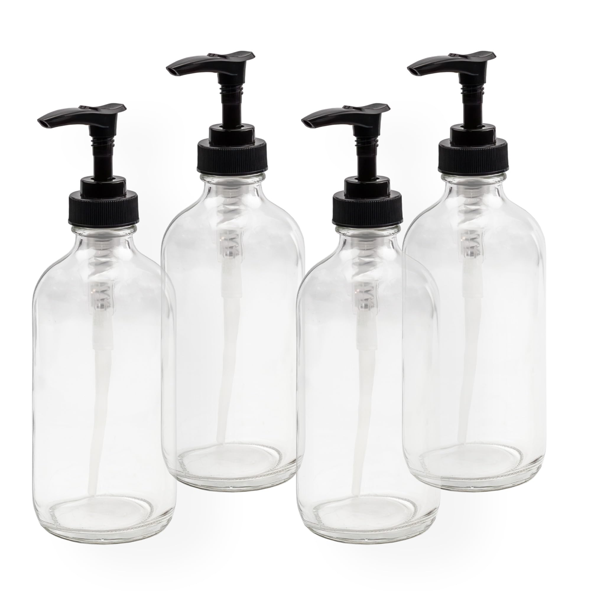 Photo 1 of Cornucopia Brands 8oz Clear Glass Pump Bottles (4-Pack w/Black Plastic Pumps), Great as Essential Oil Bottles, Lotion Bottles, Soap Dispensers, and More