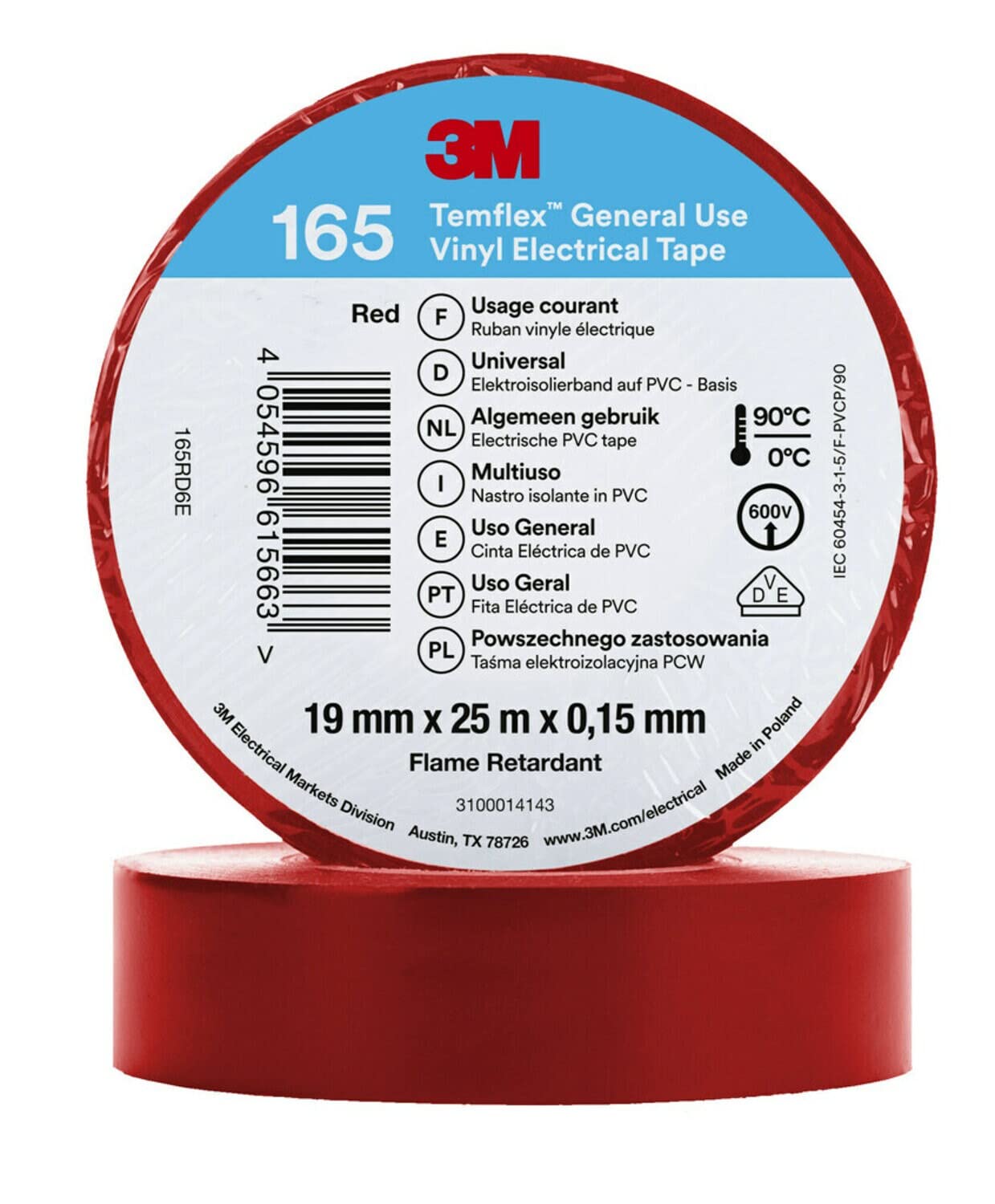 Temflex 3M Vinyl Electrical Tape 165, Red, 19 mm x 25 m, 10 Roll Pack