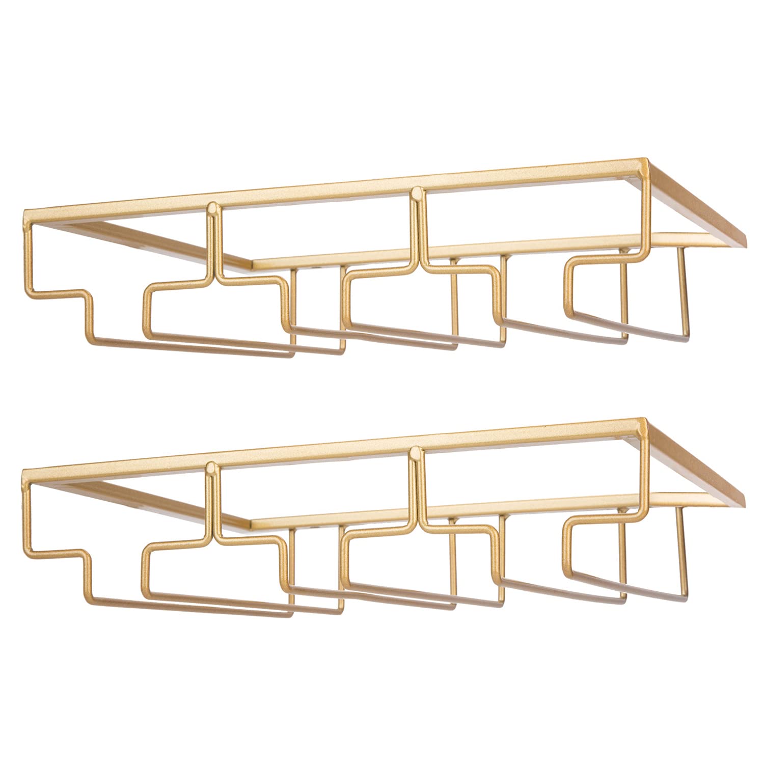FOMANSH Wine Glass Rack - Under Cabinet Stemware Wine Glass Holder Glasses Storage Hanger 2 Pack Metal Organizer for Bar Kitchen Gold