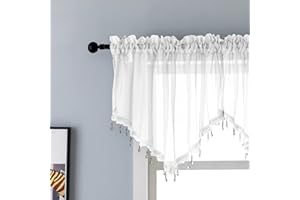 PEARAGE Beaded Triangle Sheer Valance Curtains for Living Room,Rod Pocket Farmhouse Window Valance, Bead Trim Tassel Voile Sheer Curtain Valance for Bedroom Bathroom Cafe 51x24 Inches (Ivory) 1PC