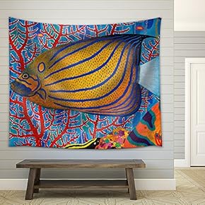 Blue Ring Angelfish Original Acrylic Painting on Sa-Paper - Fabric Wall Tapestry Home Decor - 51x60 inches