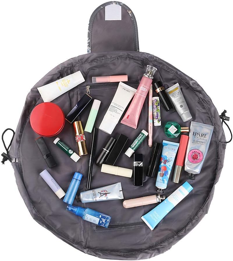Lazy Drawstring Make up Bag Travel Quick Makeup Bag Round Toiletry Bag Cosmetic Organizer Pouch Case Portable Make Up Pouch for Women Girls