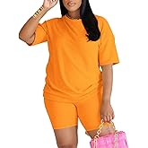 HTD 2 Piece Sets For Women Short Sleeve Sweatsuits Biker Shorts Set Lounge Jogger Tracksuit Outfits Orange XXL