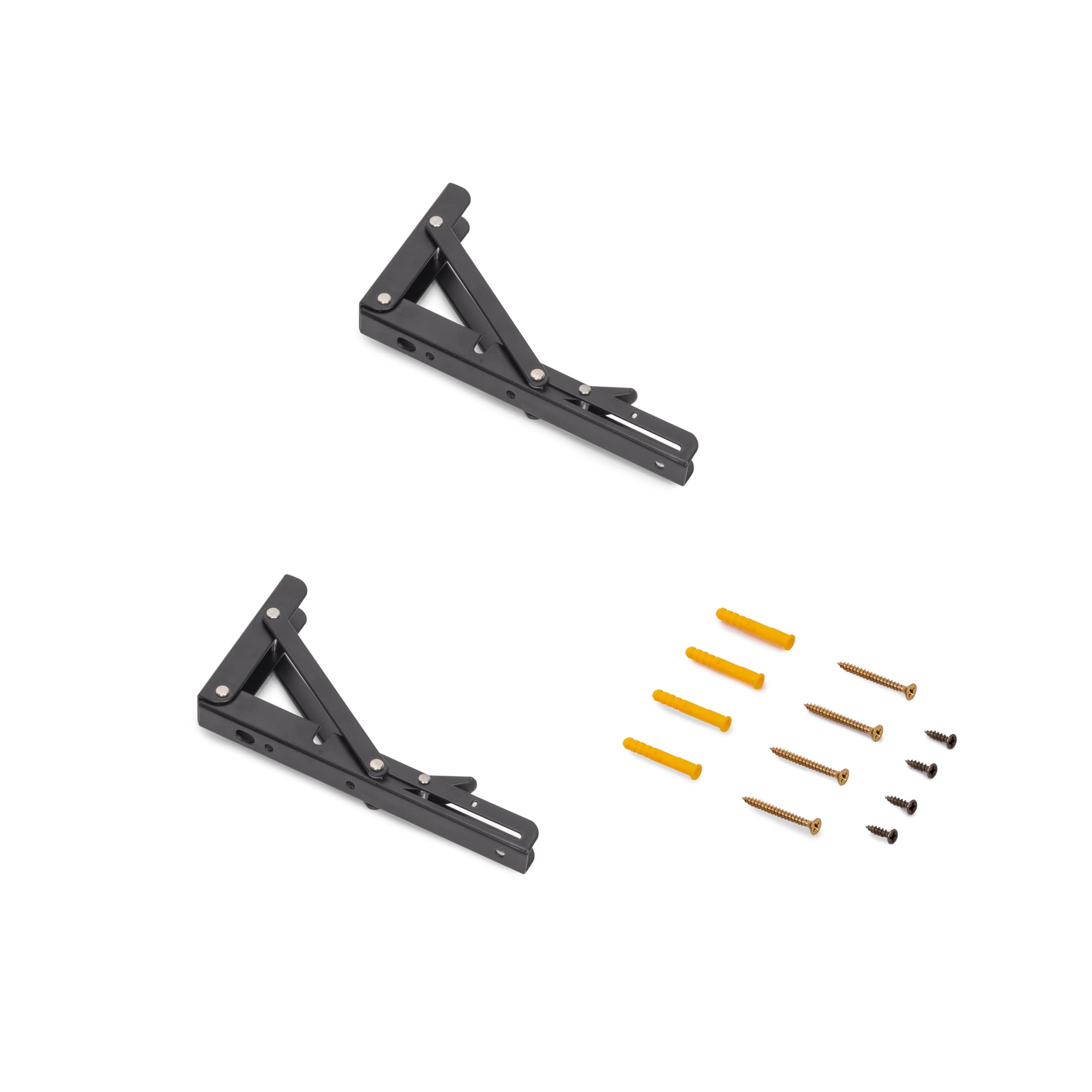 Emuca - Folding Shelf Supports, 203mm, Set of 2 Folding Shelf Brackets, max. Load 40kg, Black Painted, Steel