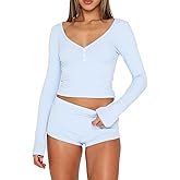 RUEWEY Womens Ribbed Knit Pajama Sets Long Sleeve Top and Shorts Matching Lounge Set PJ Set 2 Piece Outfits