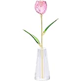 Pink Crystal Tulips Flowers with Stems - Glass Flowers with Vases Home Decor Collectible Figurine Paperweight Tulip Gifts for Women Mom Bestfriend Wedding Anniversary Mothers Day