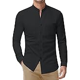 DEMEANOR Men's Collarless Dress Shirt Banded Collar Long Sleeve Button Down Shirts Stretch Formal Tops with Pocket