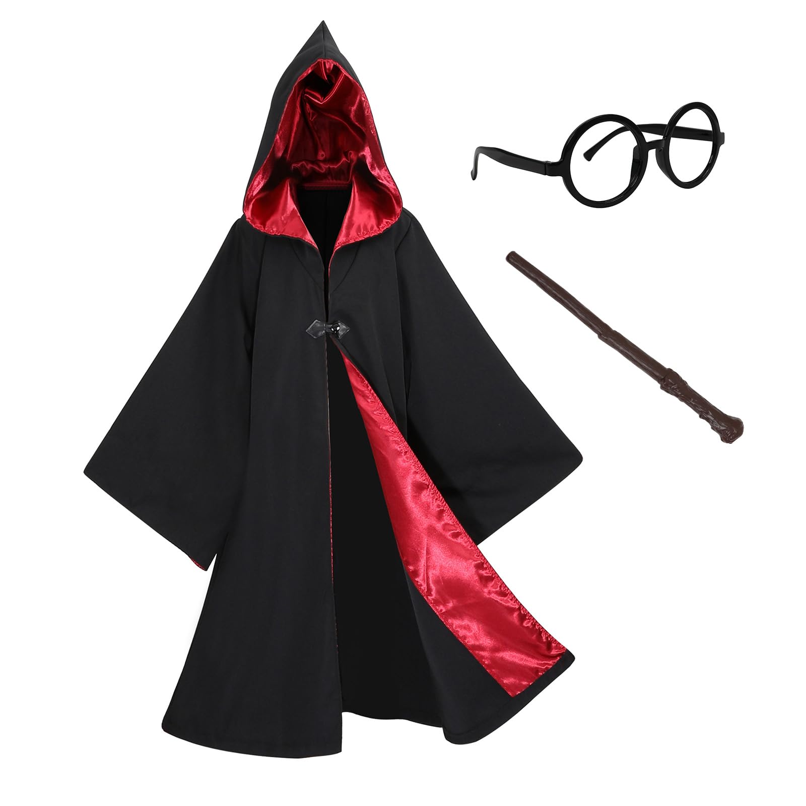 Sincere Party Kids Black Hooded Magic Cloak,Wizard Robe with Wand,Glasses,Badge Perfect for World Book Day 9-11years