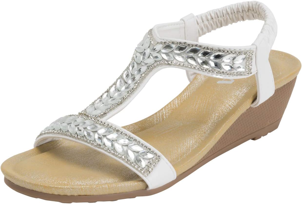 Womens Pull On Platform Diamante Open Toe Wedge Heeled Sandals