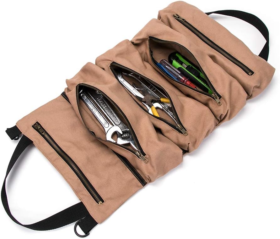 Super Tool Roll, Large Wrench Roll, Big Tool Roll Up Bag, Waxed Canvas Tool Organizer Bucket, Tool Roll Up Pouch, Handy Small Tools Tote Carrier, Tool Pouch Sling, Car Back Seat Organizer (Khaki) - - 