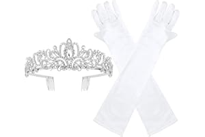 Brimekichio Tiara and Gloves for Girls Kids, Princess Crown and Long Satin Gloves for Girls Halloween Princess Accessories Kids, White