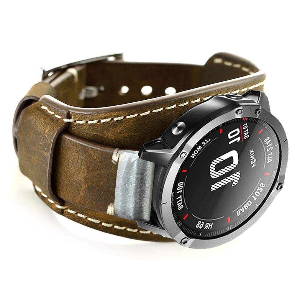 Leotop Leather Bands Compatible with Garmin Fenix 5/Fenix 6/Forerunner 935/Approach S60/Quatix 5 Smartwatch, 22mm Quick Fit Genuine Leather Cuff Band Replacement Strap (Coffee)